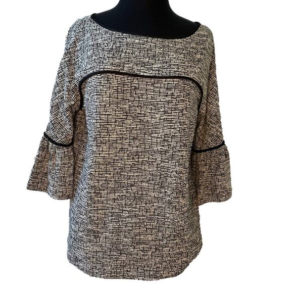 Calvin Klein Tweed Elbow Sleeve Blouse Ruffled Sleeve Black White Size M Office - Picture 1 of 16